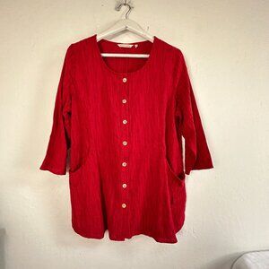 Soft Surroundings Ellis Top Womens Red Textured 3/4 Sleeve Button Up  Tunic XL